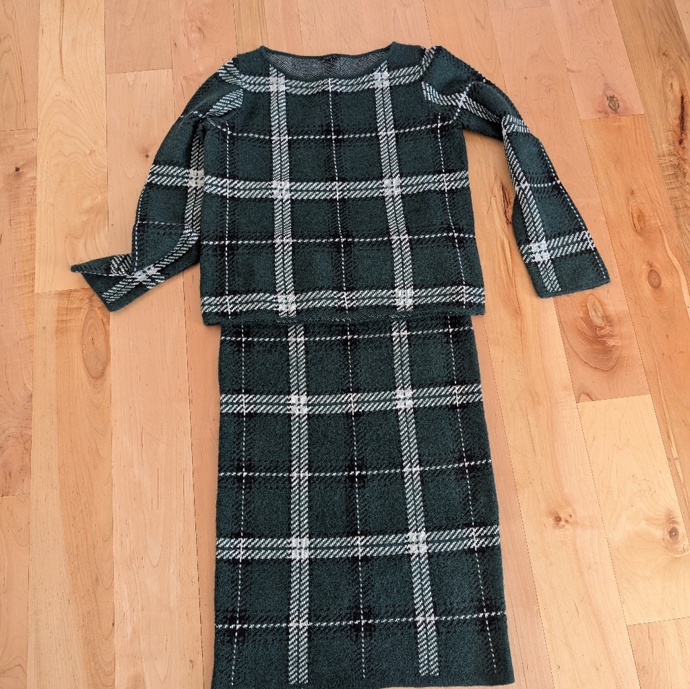 Ann Taylor Factory Green Plaid Midi Skirt and Sweater Set